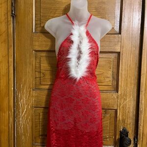 Red Lace Halter Lingerie Dress with White Fur Trim